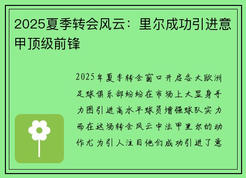 2025夏季转会风云:里尔成功引进意甲顶级前锋 2025夏季转会风云:里尔成功引进意甲顶级前锋