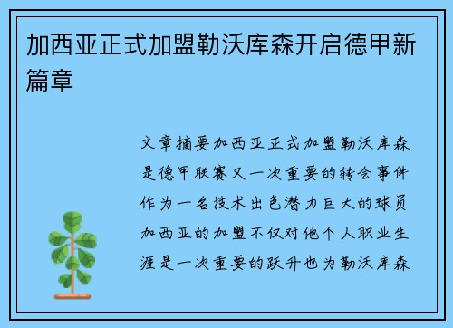 加西亚正式加盟勒沃库森开启德甲新篇章