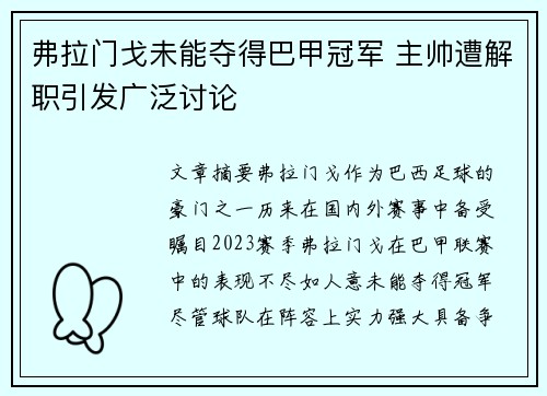 弗拉门戈未能夺得巴甲冠军 主帅遭解职引发广泛讨论